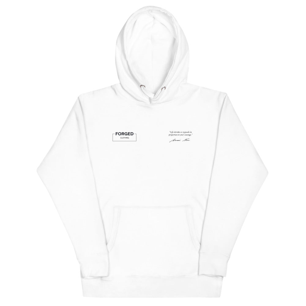 Forged Definition Hoodie blanca, vista delantera con el logo Forged Clothing y la frase de Anaïs Nin
