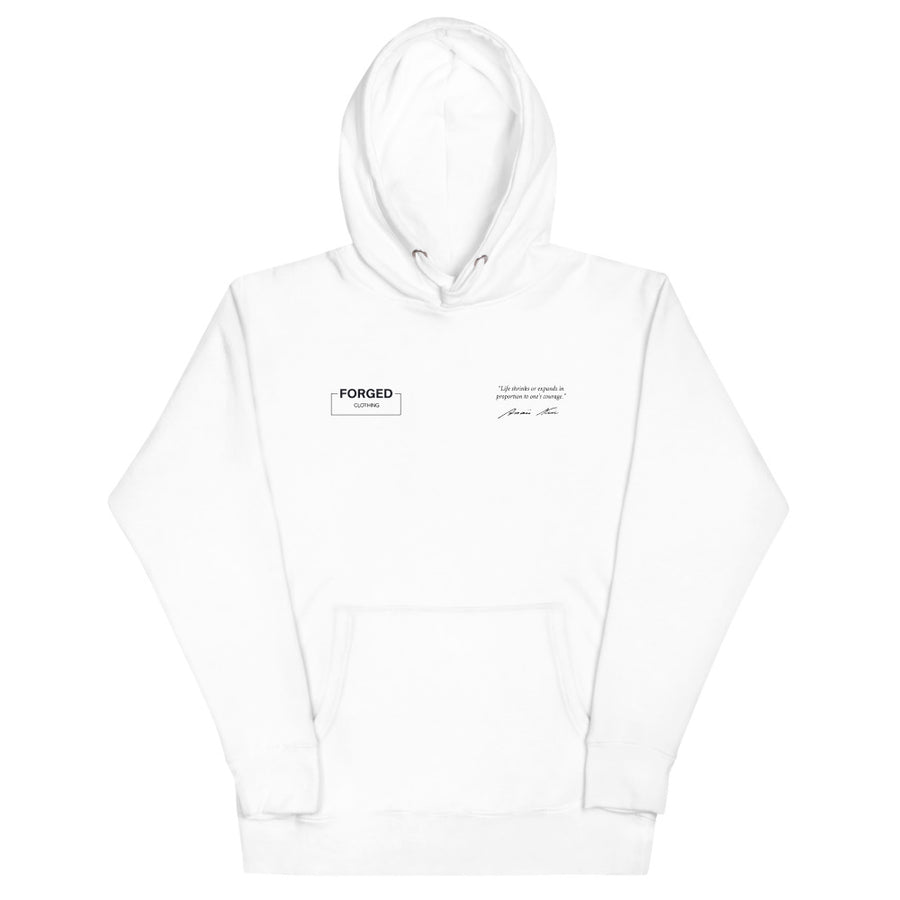 Forged Definition Hoodie blanca, vista delantera con el logo Forged Clothing y la frase de Anaïs Nin