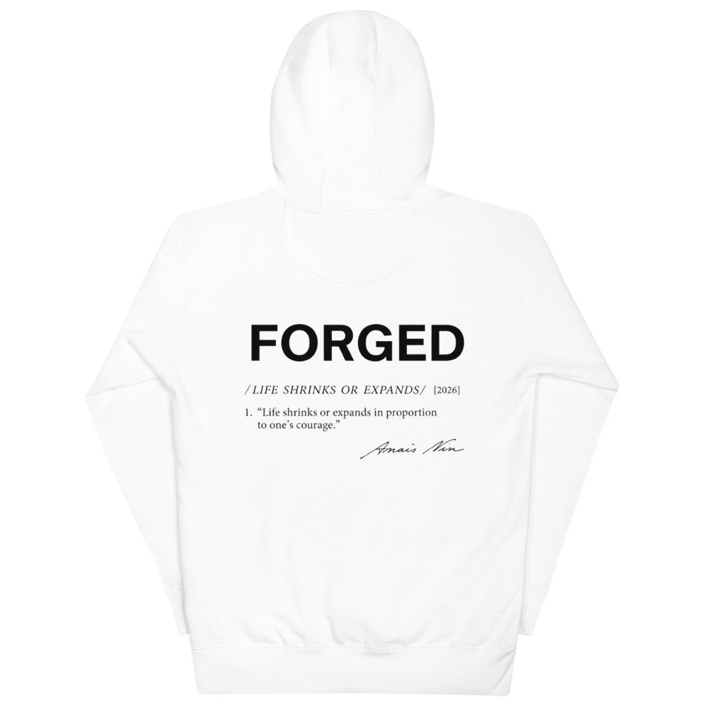 Forged Definition Hoodie blanca, espalda con FORGED y su definición