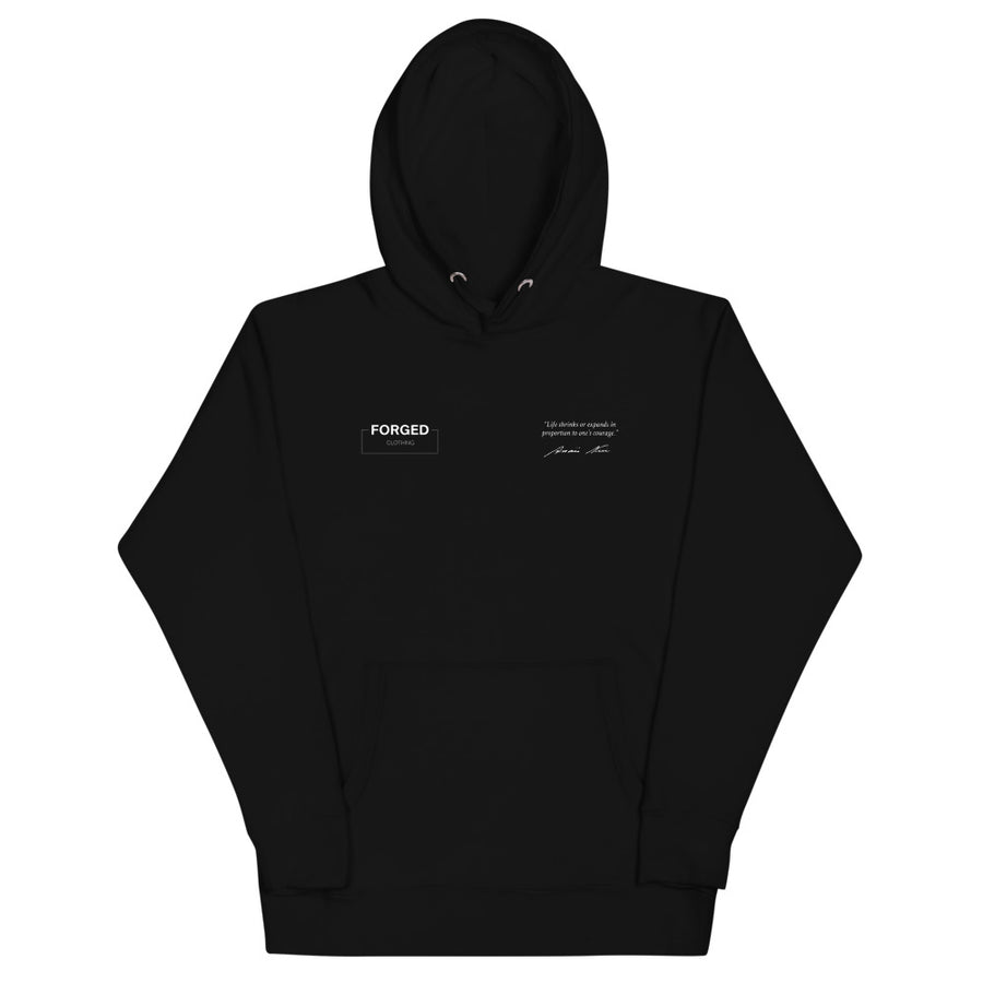 Forged Definition Hoodie negra, vista delantera con el logo Forged Clothing y la frase de Anaïs Nin