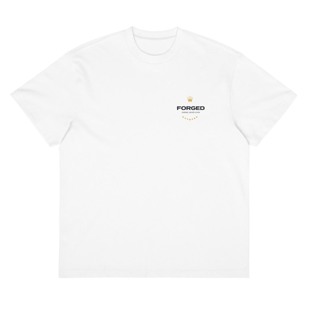 Earned Never Given Tee in white, front view with the Forged seal on the chest