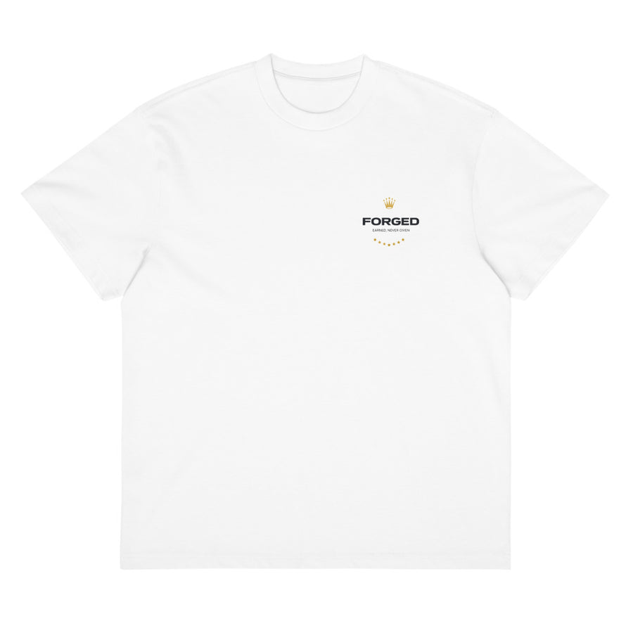 Earned Never Given Tee in white, front view with the Forged seal on the chest