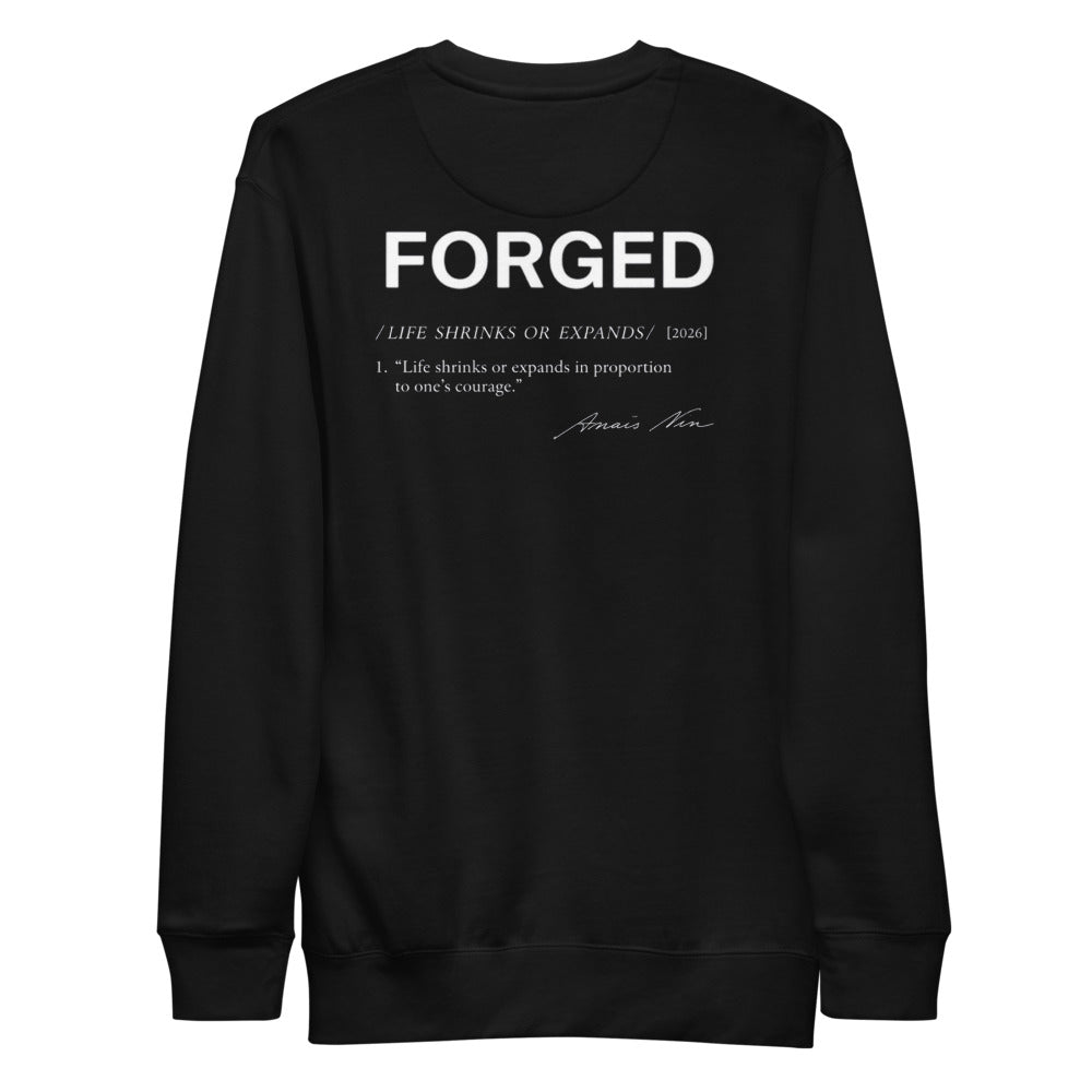Forged Definition Crewneck negra, espalda con FORGED y su definición